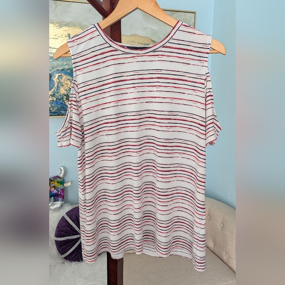 Ivanka Trump Multicolor Striped Cold Shoulder Top Size L
